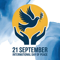 Creative vector design for International Day of Peace featuring a blue dove silhouette flying above cupped hands with a yellow sun in the background symbolizing peace hope and global unity.