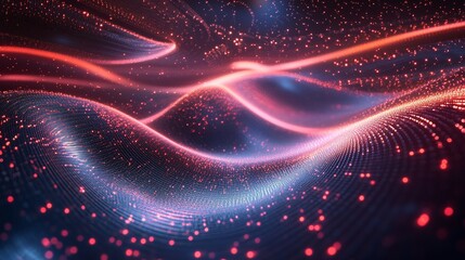 Obraz premium Vibrant abstract digital waves with glowing particles create a dynamic and captivating visual of movement and energy.