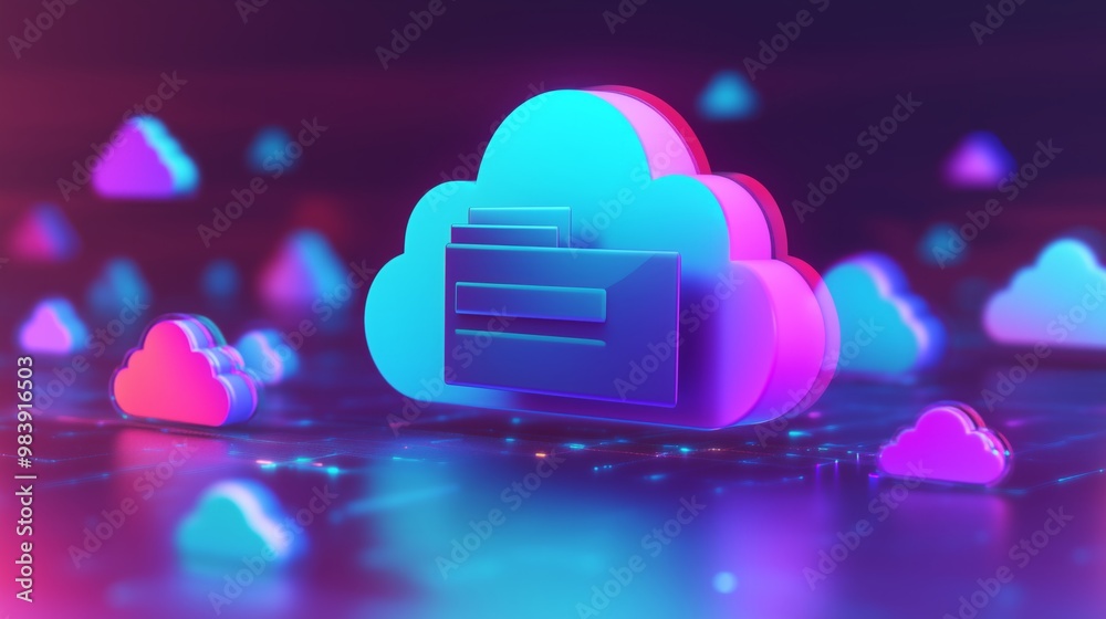 Poster Cloud computing concept 3D illustration. Icon composition with loading digital files site interface and folder. Backups in cloud storage and computing data. Vector illustration for modern web design
