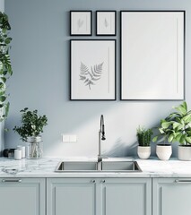 Modern kitchen interior with white marble countertop, stainless steel sink and green plants. Minimalist Scandinavian design.