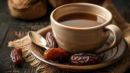 Fototapeta premium Served dry dates with a cup of chai on a teaspoon