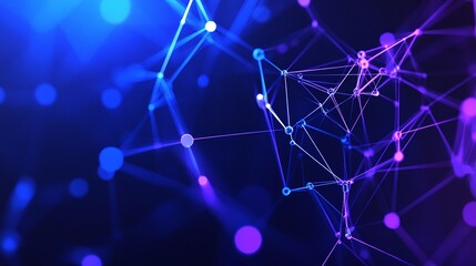 Vibrant abstract network of connected nodes and glowing lines in blue and purple tones, representing digital connectivity and innovation.