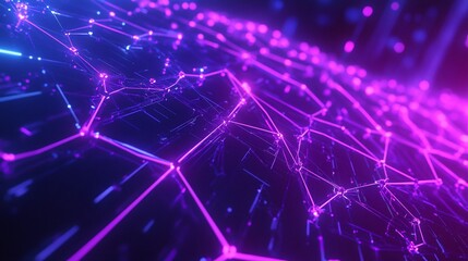 Obraz premium Vibrant abstract network of interconnected nodes and glowing lines in purple and blue tones, representing technology and innovation.