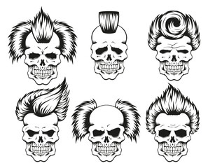 Skull Halloween skeleton head with punk hair sketch set vector flat illustration