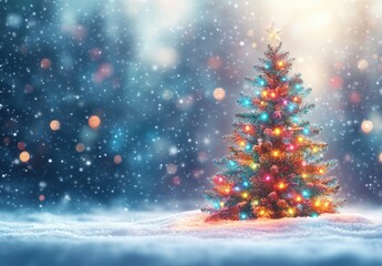 Colorful Christmas Tree in Snowy Winter Landscape