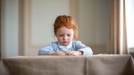 Fototapeta premium Red-haired girl sitting at table with boring face