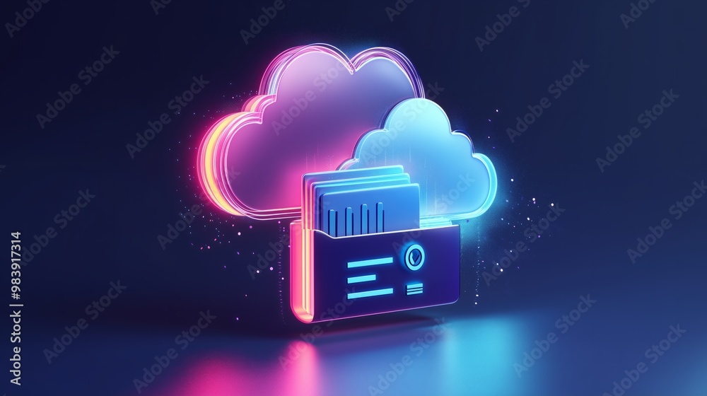 Poster Cloud computing concept 3D illustration. Icon composition with loading digital files site interface and folder. Backups in cloud storage and computing data. Vector illustration for modern web design