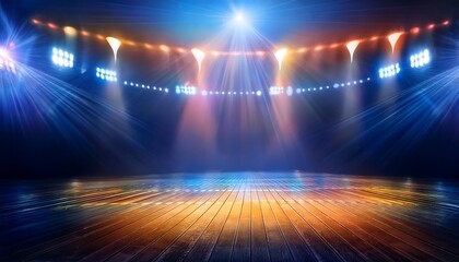 Wooden Stage Illuminated by Spotlights with a Blue and Orange Gradient