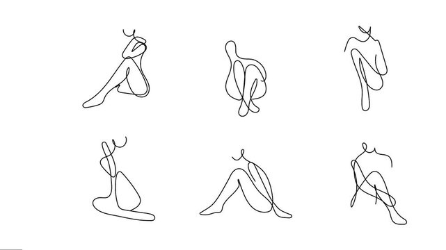 Animated continuous single-line drawing of abstract woman figures. Female sitting position body outline animation.