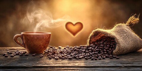 A cozy, warm-toned scene featuring a steaming cup of coffee surrounded by scattered coffee