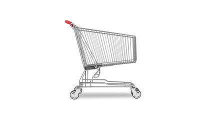3D rendering, Empty Silver Shopping cart with blank space for copy, Business and marketing equipment concept, side view shot, isolated on white background.