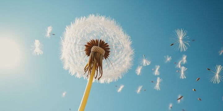 A delicate dandelion with seeds being gently blown away by the wind