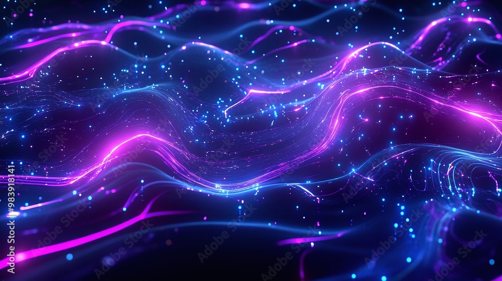 Wall mural Vibrant abstract waves of light with blue and pink hues creating a mesmerizing digital landscape.