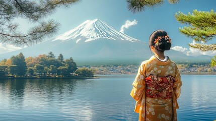 Woman in Traditional Kimono Admires Mount Fuji