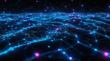 Vibrant digital abstract landscape with glowing lines and dots, representing data flow and technology convergence in a futuristic style.