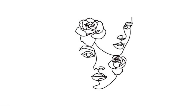She animated continuous single-line drawings of a stylish modern woman beautiful face with rose flowers. Feminine outline animation. 