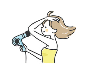 ドライヤーで髪を乾かす女性