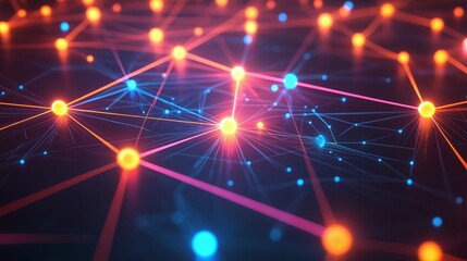 Vibrant network of glowing nodes connected by lines, illustrating digital communication and technology concepts.