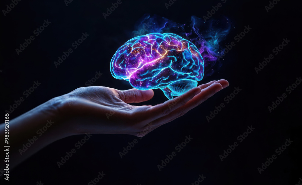 Poster hand holding glowing brain representing artificial intelligence