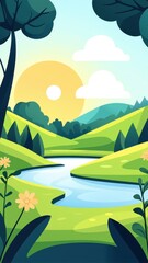 Obraz premium A vibrant landscape featuring rolling hills, a sparkling river, and a warm sun, perfect for nature-themed projects.