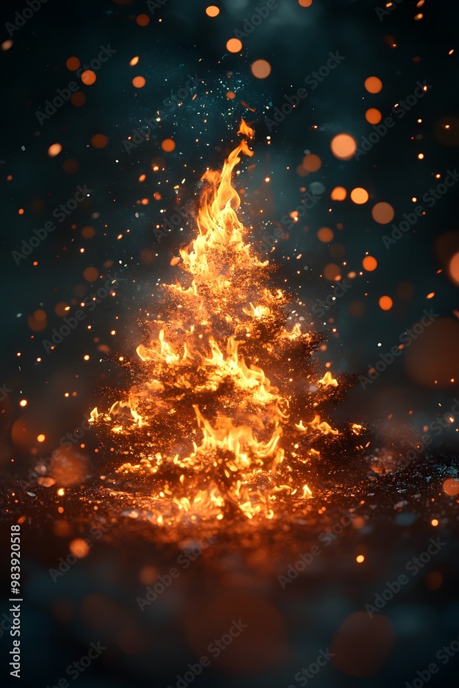 Wall mural burning christmas tree engufled in flames