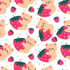 seamless pattern cartoon bear with strawberry. cute wallpaper for fabric print, gift wrap paper