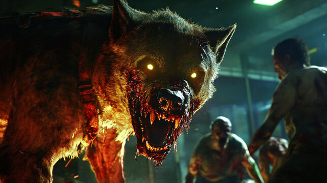 A zombie dog snarling at a group of survivors, with glowing eyes and torn fur.