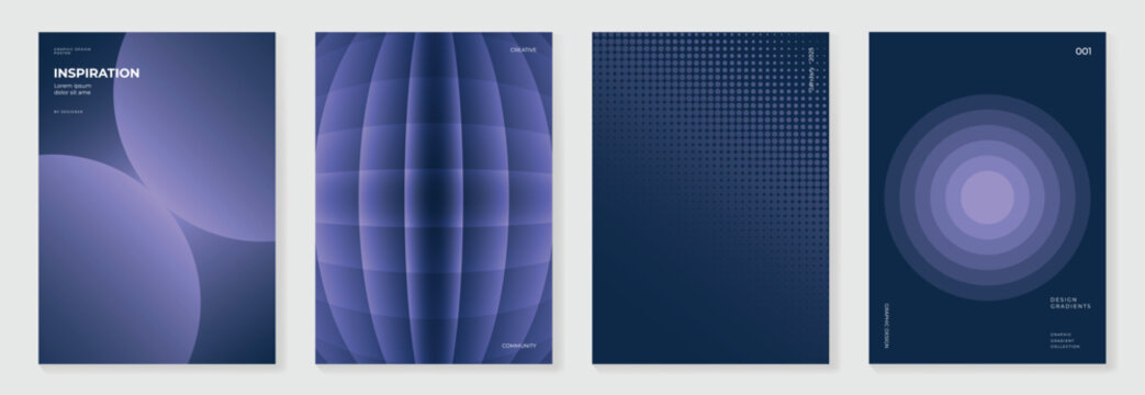 Modern gradient poster background vector set. Minimalist style cover template with monotone perspective geometric prism shape and halftone. Ideal design for social media, cover, banner, flyer.