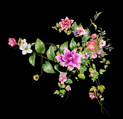 watercolor painting of leaves and flower, on dark background