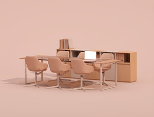 Peach Fuzz is trend color of the year in the office. Business teamwork concept. Employee working on computer. There are desktops on the tables.Creative interior design. 3d render