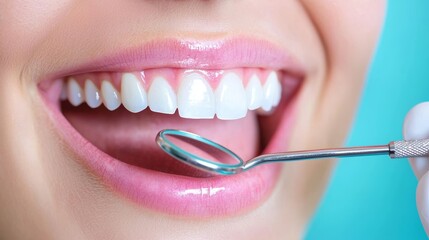 Fototapeta premium Healthy White Teeth Smile with Dental Mirror