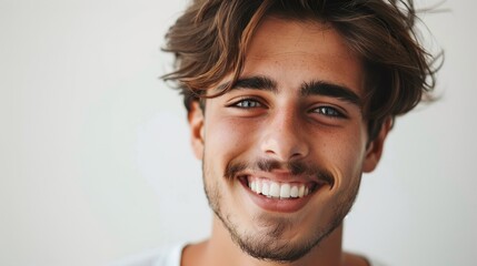 Fototapeta premium Artistic close-up of a young man with a radiant smile, showing off his impeccable dental health against a clean and minimalist white studio setting.