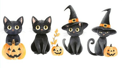 Fototapeta premium Four black cats in Halloween costumes, one with a pumpkin.