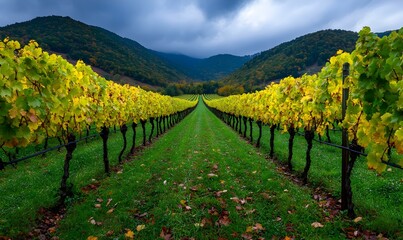 Autumn Vineyard Splendor, vibrant rows of colorful grapevines stretch across rolling hills, showcasing the rich hues of fall foliage.