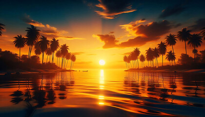 Serene Sunset Over Tropical Beach with Palm Trees