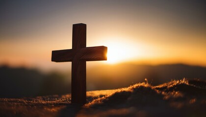 Wooden Cross with Soft Glowing Horizon Background
A wooden cross on the right, silhouetted against a glowing horizon of light, blending soft oranges and yellows on a clean background.
