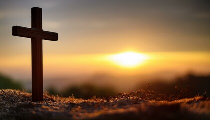 Wooden Cross with Soft Glowing Horizon Background
A wooden cross on the right, silhouetted against a glowing horizon of light, blending soft oranges and yellows on a clean background.