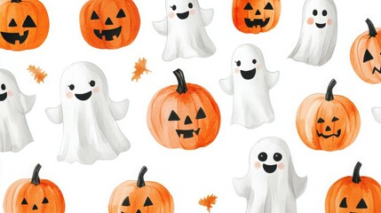 Cute ghosts and pumpkins in watercolor style.