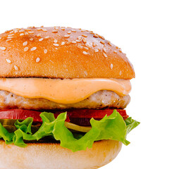 Delicious burger with chicken patty, vegetables and sauce on white background