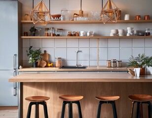 Home kitchen interior with bar counter and chairs, shelves and kitchenware