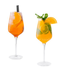 Two refreshing cocktails with orange slices and ice cubes are standing on white background