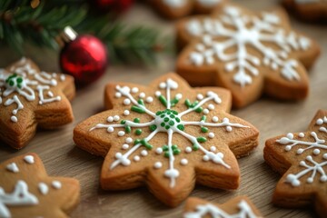 A close-up of gingerbread cookies with intricate designs, arranged on an elegant wooden table. The cookie shapes include snowflakes and stars