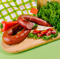 Smoked sausage with herbs and spices on a wooden cutting board