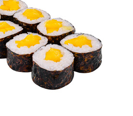 Sushi rolls with mango and cream cheese standing in a row on white background