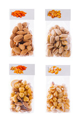 Variety of nuts and dried fruits packed in transparent bags