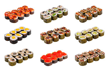 Nine sets of delicious maki showing diverse toppings on white background