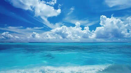 A beautiful scene of the blue ocean against the blue sky background. The ocean stretches out as far as the eye can see, with its surface glistening in the sunlight