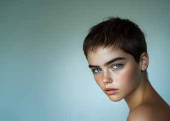 Androgynous teen, neutral look, minimalist