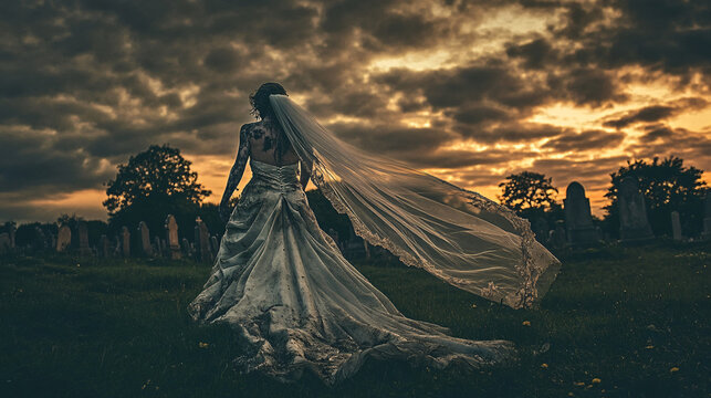 A zombie bride in a torn wedding dress, walking through a graveyard at dusk, with a veil dragging behind her.