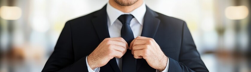 A confident businessman adjusting his tie, dressed in a sharp suit, symbolizing professionalism and readiness for success.